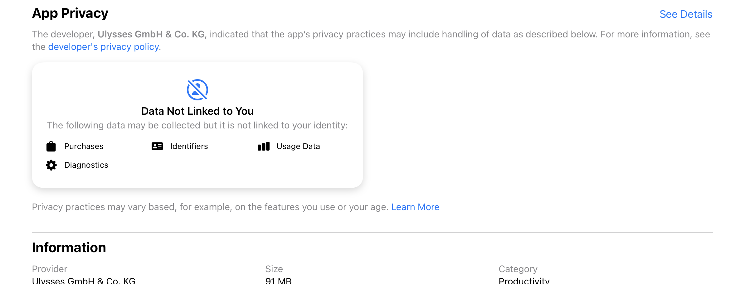 Apple AppStore privacy label for the Ulyssess writing app