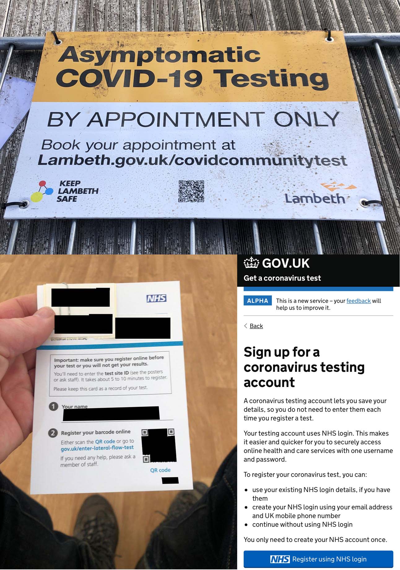 Lambeth Council sign at entrance to test site, an NHS test card with barcode and QR code, and a GOV.UK page with a blue NHS sign-in button