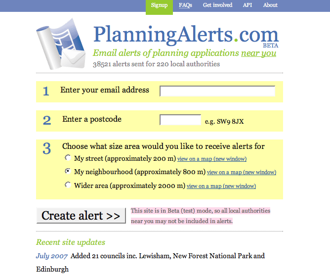 Screenshot fo PlanningAlerts.com,